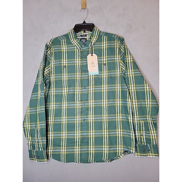 prAna Button Up Flannel Shirt Men's Small Green Yellow Plaid Casual, NWT $79 - Picture 1 of 13